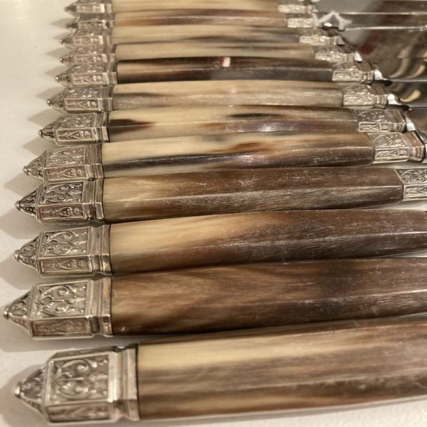12 couteaux table et 12 couteaux fromage, manche en corne claire