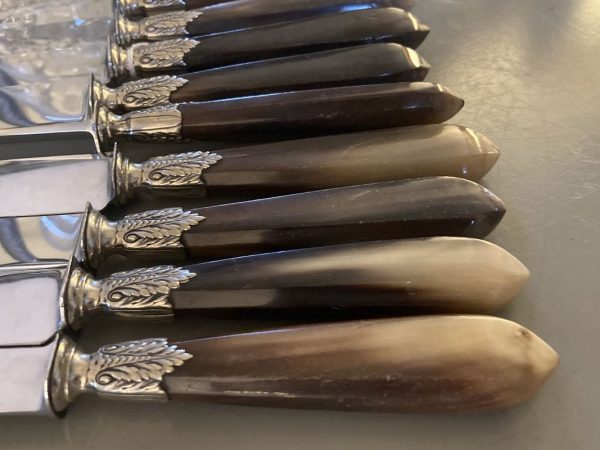 12 Couteaux de table, manche en corne brune