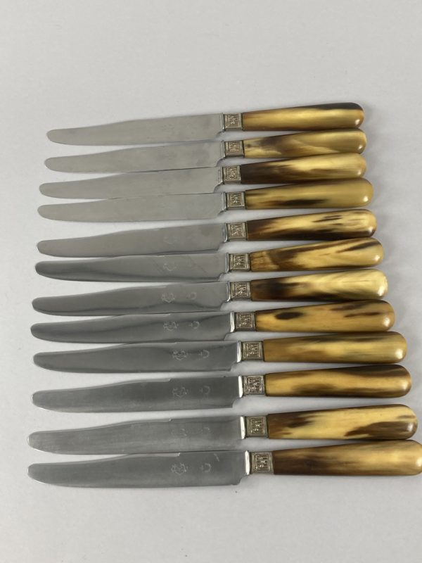 12 Couteaux de table manche en corne claire virole fleurie