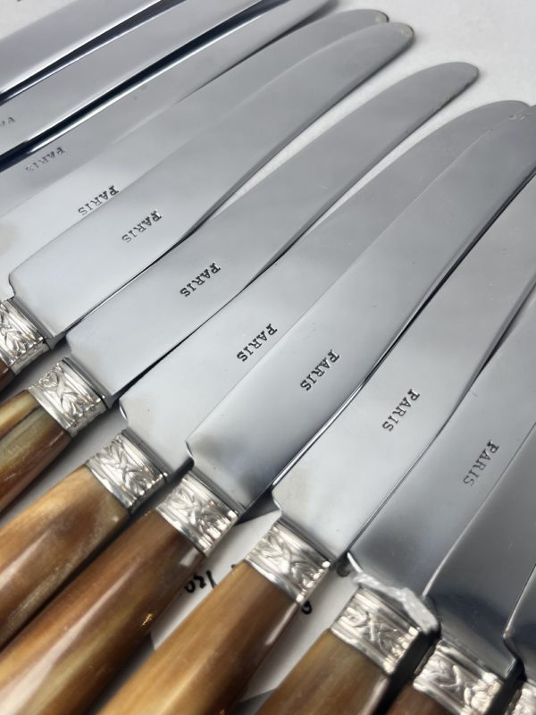 12 Couteaux à fromage manche en corne virole ruban lames chromées – Image 2